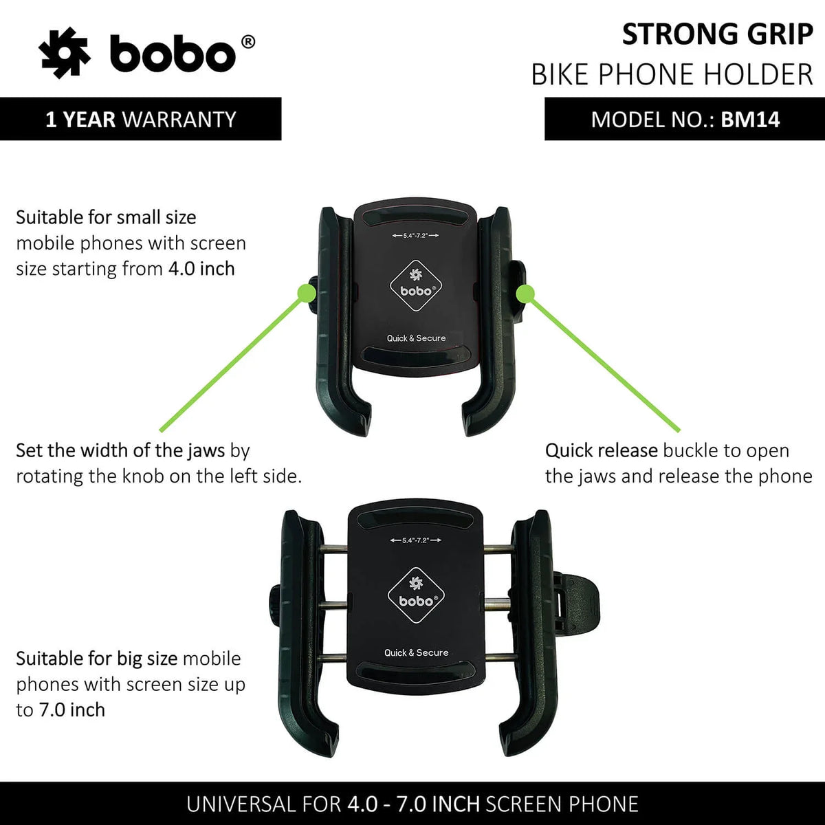 BOBO BM14 Jaw-Grip Bike Phone Holder — Quick Release