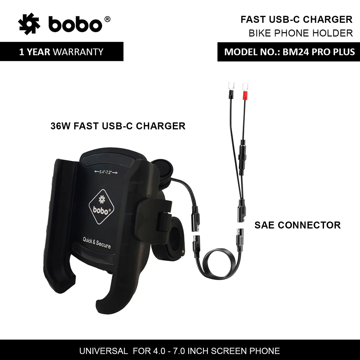 BOBO BM24 PRO Plus Bike Phone Holder — Quick Release + 36W USB-C Charger