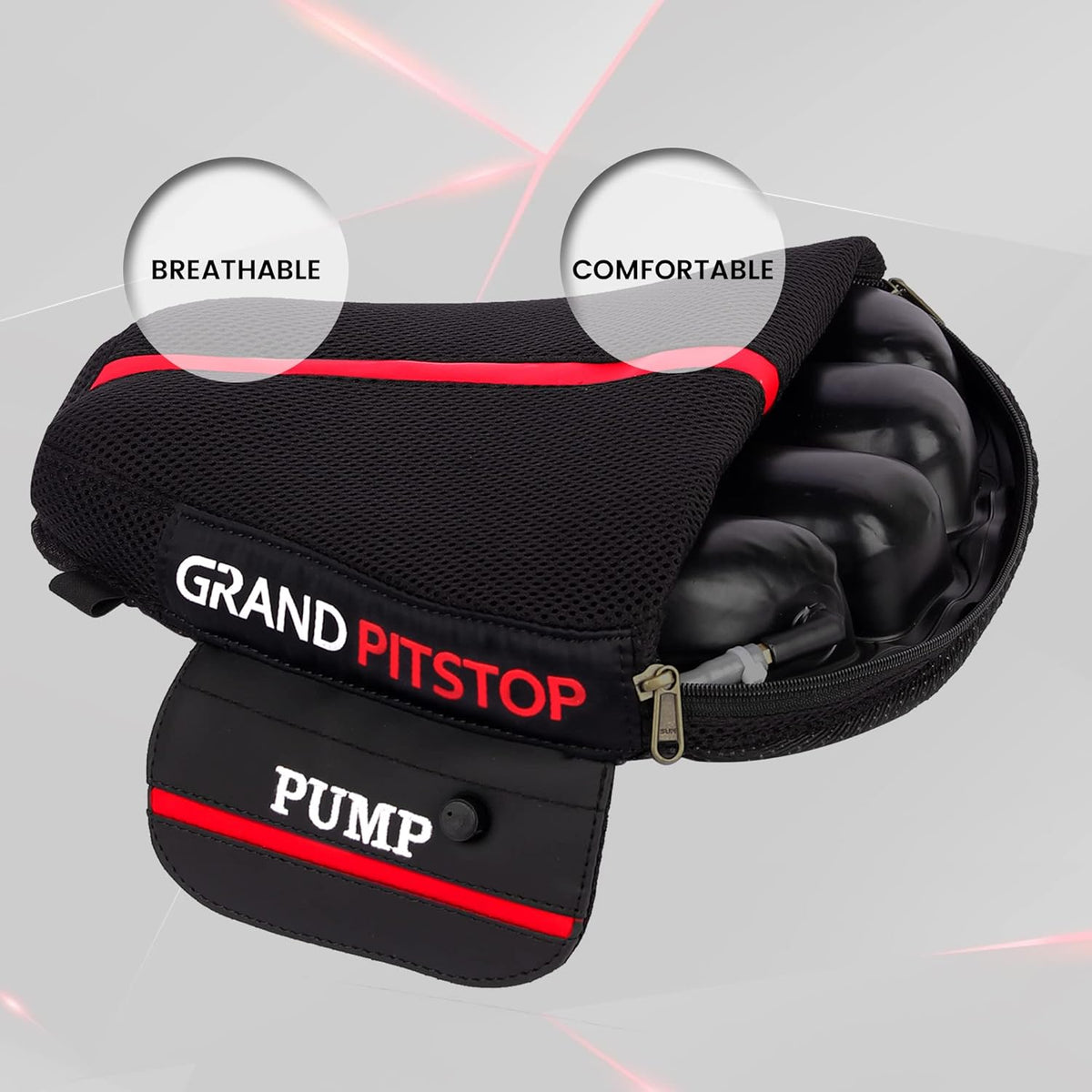 GRAND PITSTOP Air Seat Cushion with Pump — Inflatable, Breathable Mesh, Anti-Slip Base (Sports Premium)