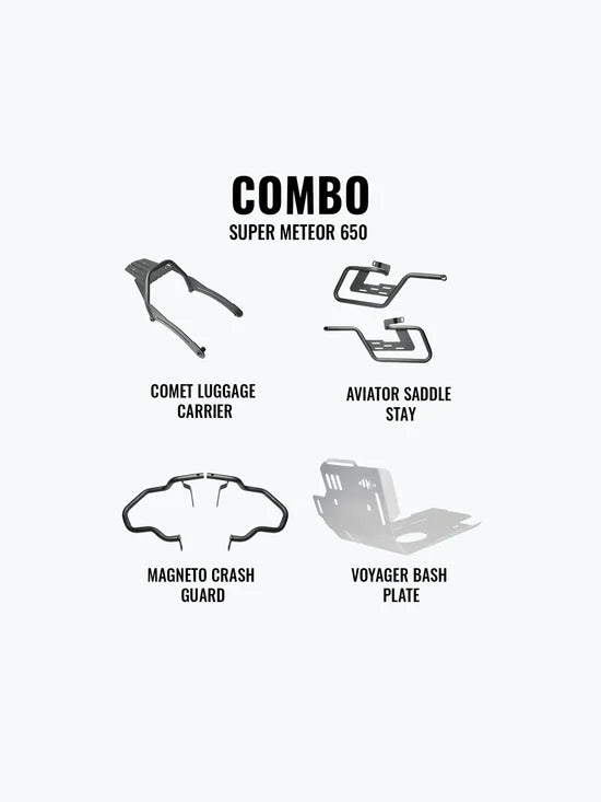LEGUNDARY LCB Super Meteor 650 Mega Combo Magneto Crash Guard, Aviator Saddle Stay, Voyager Bash Plate & Comet Luggage Carrier