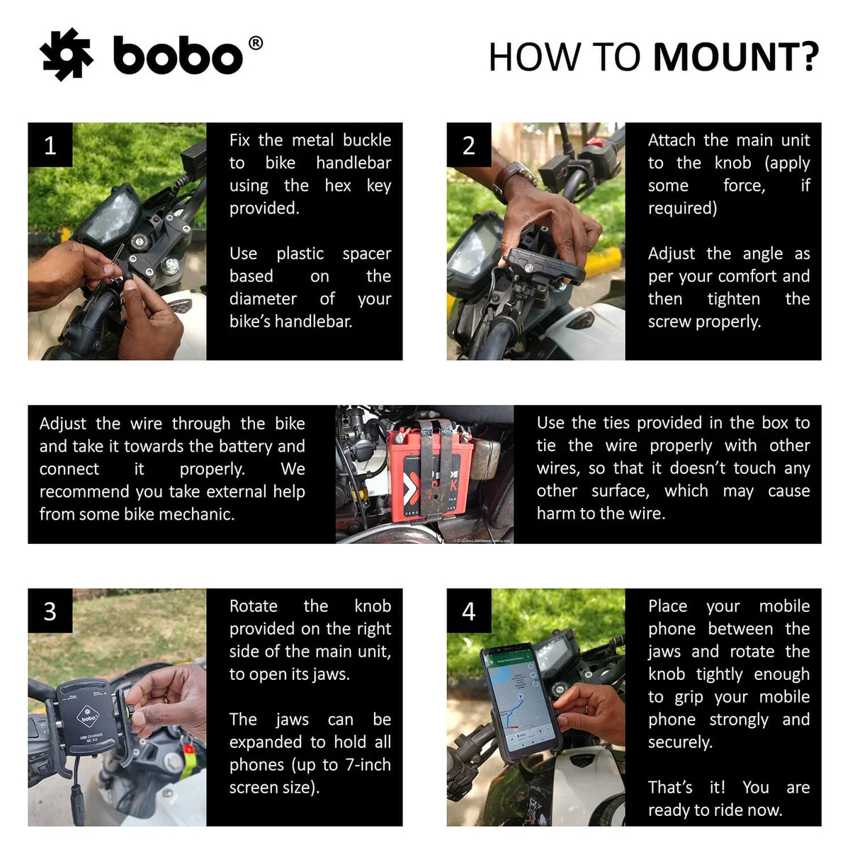 BOBO BM1 PRO Jaw-Grip Bike Phone Holder — Fast Charger + SAE Quick-Detach