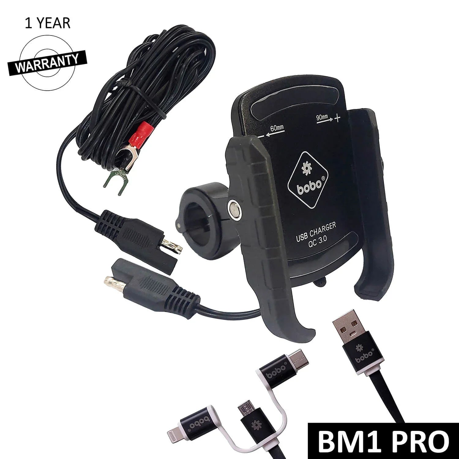 BOBO BM1 PRO Jaw-Grip Bike Phone Holder — Fast Charger + SAE Quick-Detach
