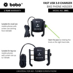 BOBO BM1 Jaw-Grip Bike Phone Mount — Built-In USB QC 3.0 Fast Charger