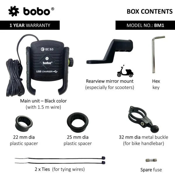 BOBO BM1 Jaw-Grip Bike Phone Mount — Built-In USB QC 3.0 Fast Charger
