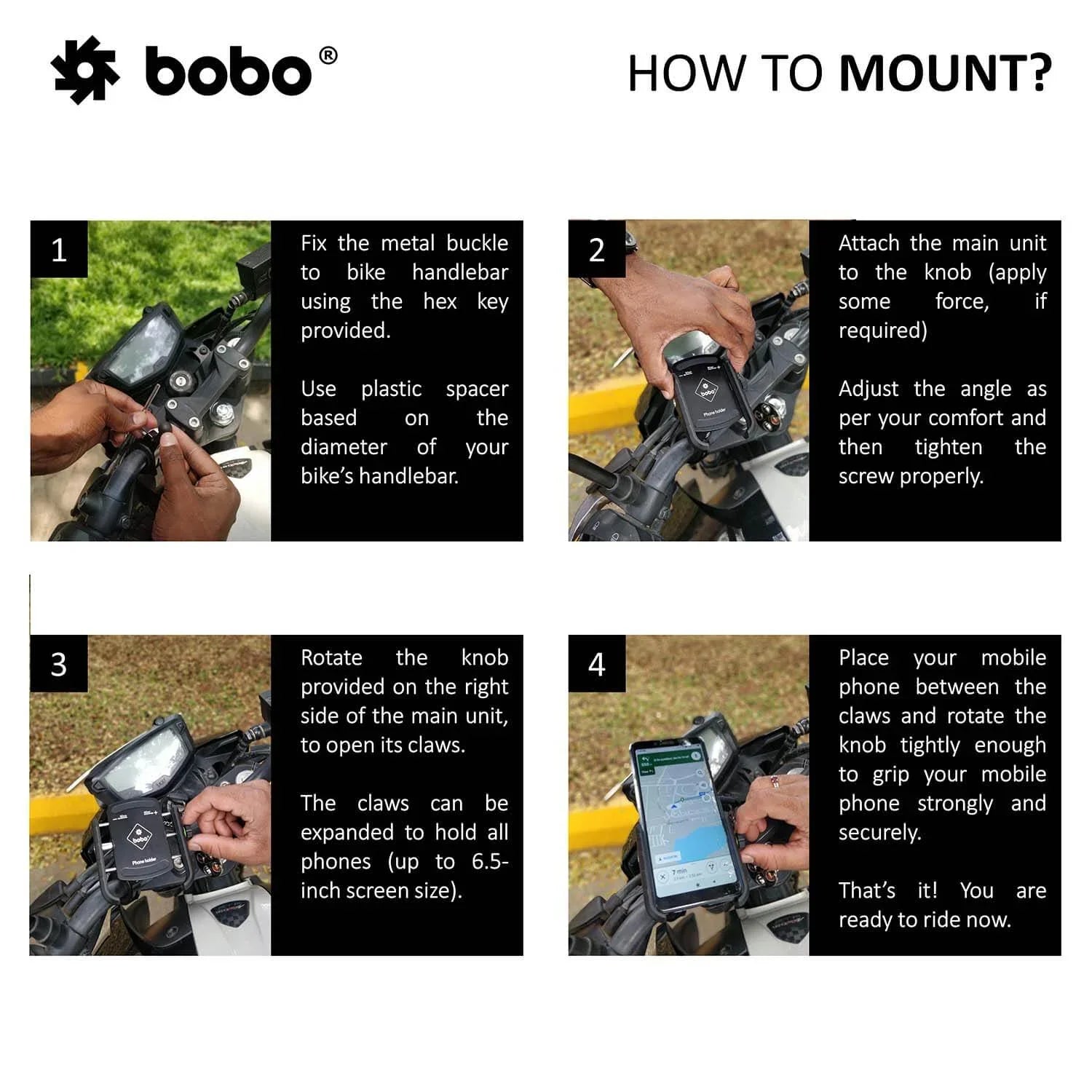 BOBO BM4 Jaw-Grip Bike Phone Holder — Motorcycle Mobile Mount