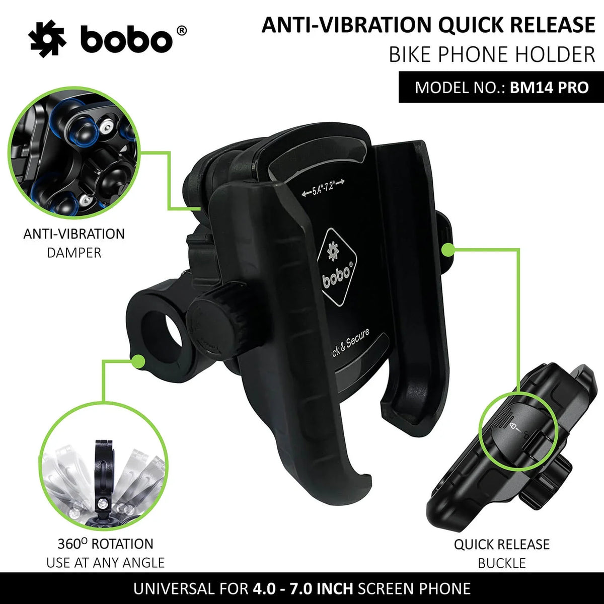 BOBO BM14 PRO X Jaw-Grip Bike Phone Holder — Quick Release + PRO X Vibration Controller