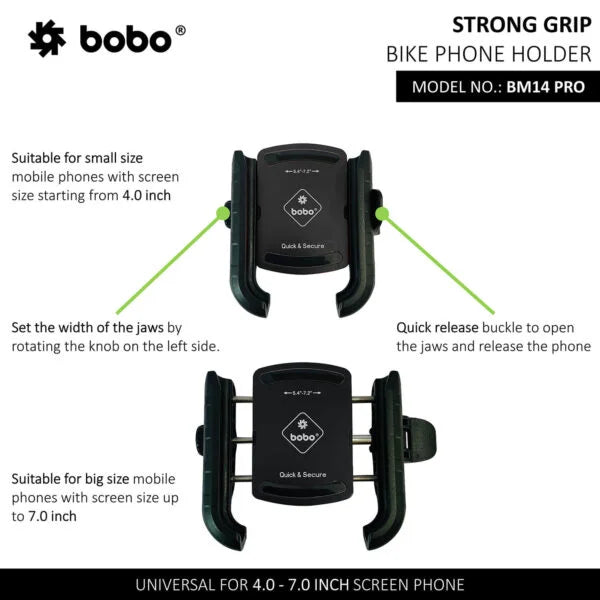 BOBO BM14 PRO X Jaw-Grip Bike Phone Holder — Quick Release + PRO X Vibration Controller