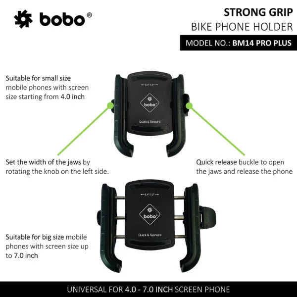 BOBO BM14 PRO Plus Jaw-Grip Bike Phone Holder — Quick Release + Anti-Vibration