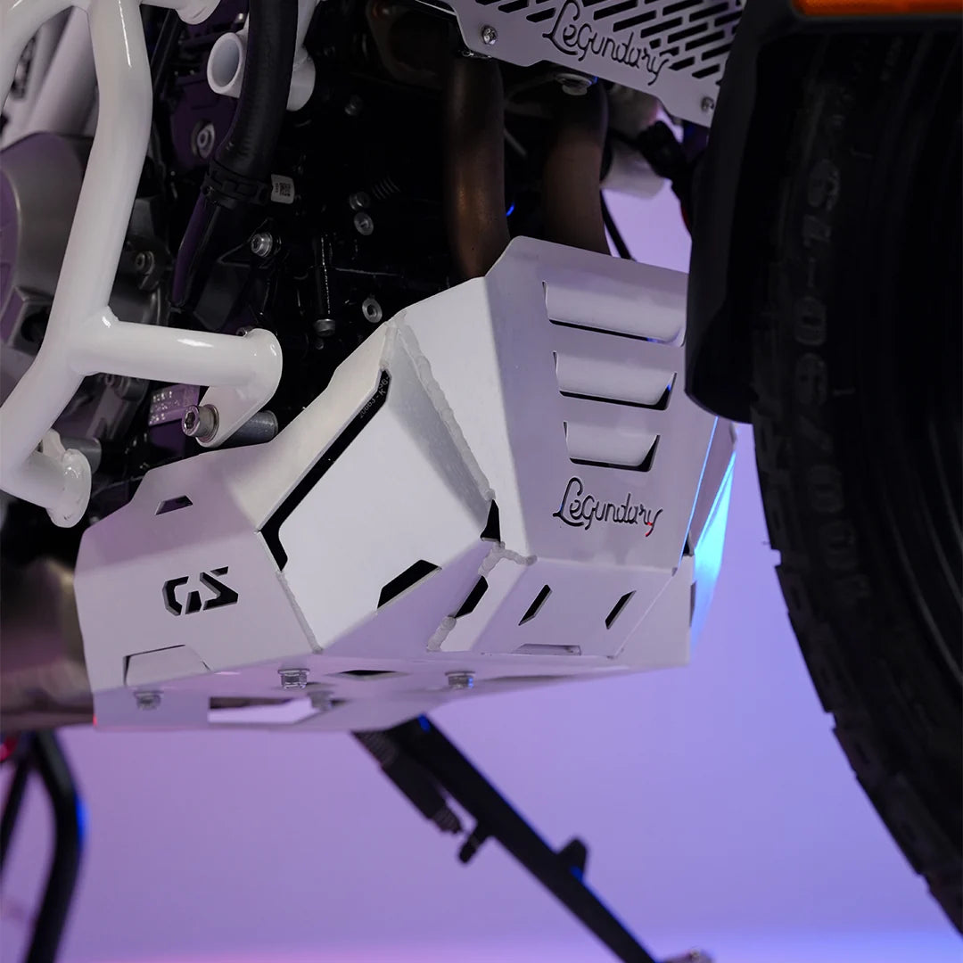 LEGUNDARY Vambrace Bash Plate (Silver) for BMW F450 GS — Sump & Frame Protection