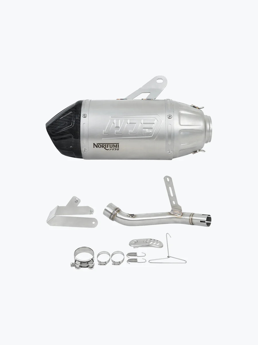 NORIFUMI Slip-On Whoops Exhaust for Himalayan 450 / Guerrilla 450 — Short, Carbon Fiber Finish