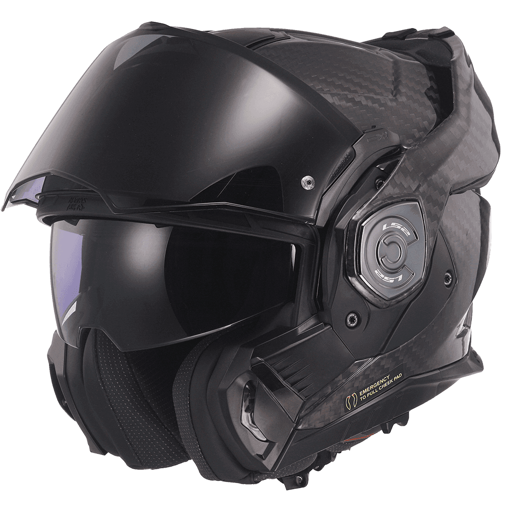 LS2 FF901 Advant X Solid Carbon helmet with chin bar rotated open