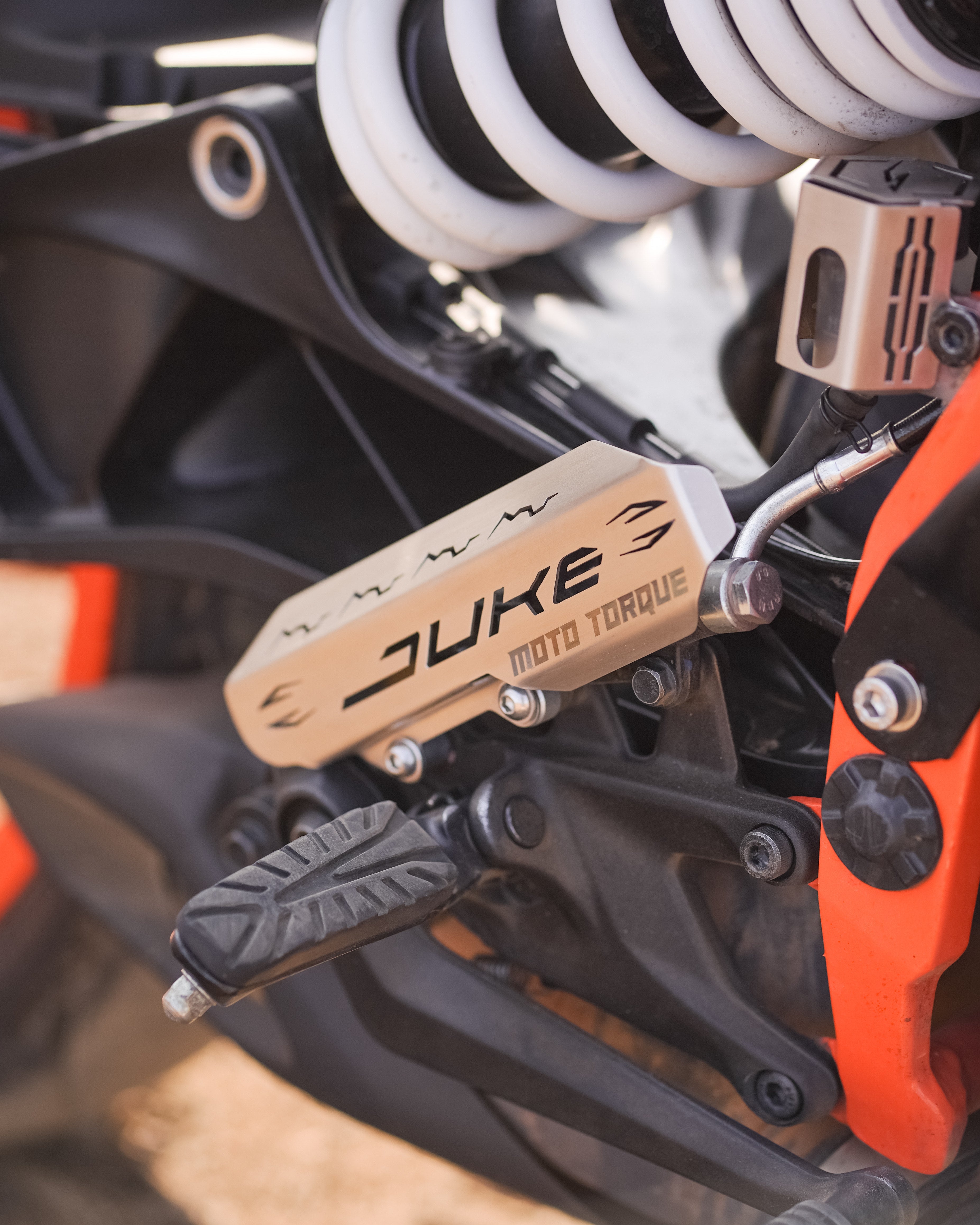 MotoTorque Rear Master Cylinder Guard (Stainless Steel) for KTM Duke 250/390 Gen-3 — Reservoir Protection