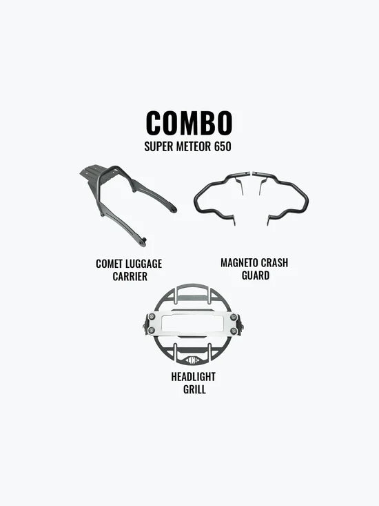 LEGUNDARY LCB Super Meteor 650 Combo Cosmic Headlight Grill, Magneto Crash Guard & Comet Luggage Carrier