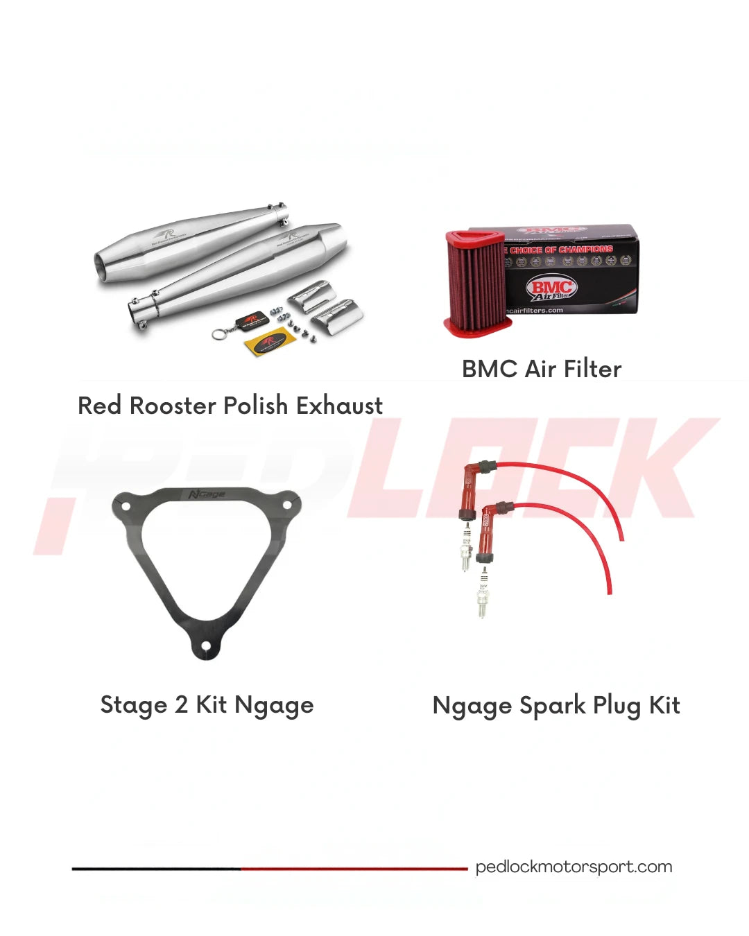 Performance combo for Royal Enfield Interceptor 650 / Continental GT 650 - Red Rooster polish exhaust, BMC air filter, Ngage Stage 2 kit and Ngage spark plug kit